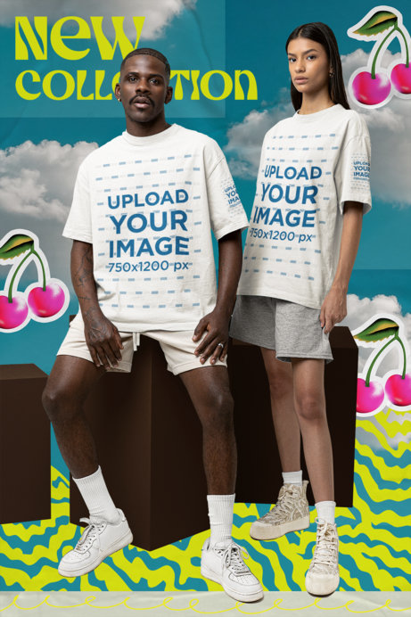 T-Shirt Mockup Featuring a Man and a Woman for a New Collection Ad