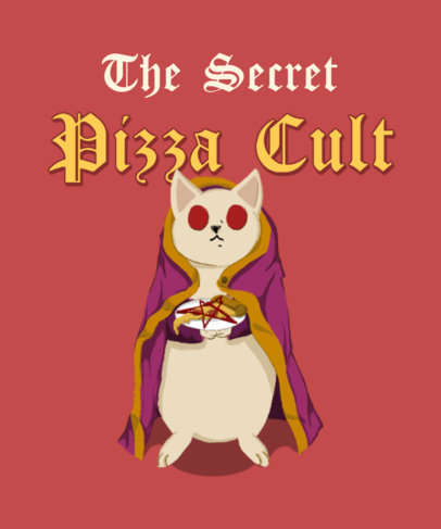 T-Shirt Design Template with an Illustrated Cat Holding a Pizza