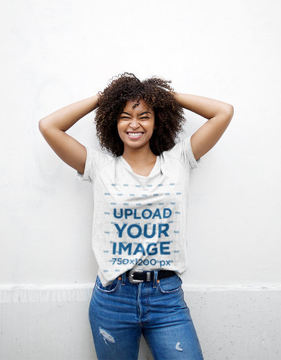 Mockup of a Smiling Woman with Afro Hair Posing in a Round-Neck Tee