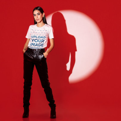 Bella Canvas Tee Mockup of a Woman with Her Shadow Projected in the Background m28948