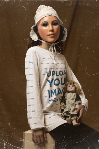 Bella Canvas Long Sleeve Tee Mockup of a Girl with a Scary Costume