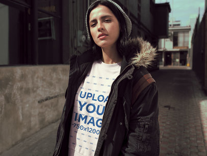 Woman Wearing a Crewneck Sweater Mockup at a Small Alley