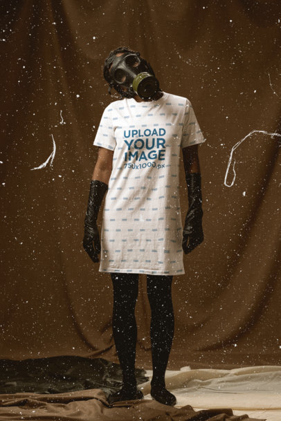 T-Shirt Dress Mockup Featuring a Woman with a Creepy Oxygen Mask for Halloween