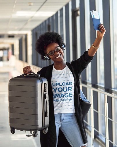 Round-Neck Tee Mockup of a Smiling Woman at an Airport