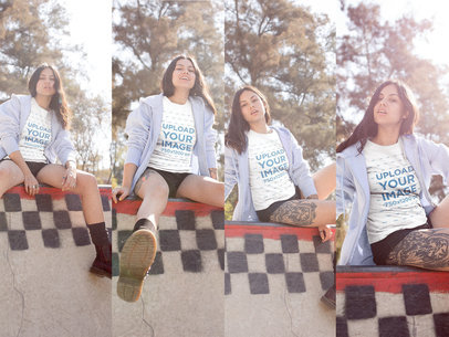 Woman Sitting on a Skate Ring Wearing a T-Shirt Mockup Multishot a19016