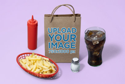 Mockup of a Paper Bag Surrounded by Fast Food