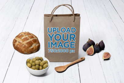 Paper Bag Mockup Featuring Customizable Mediterranean Food Items