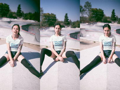 Multishot of a Woman Sitting Down Wearing a T-Shirt Mockup at the Skate Park a19018