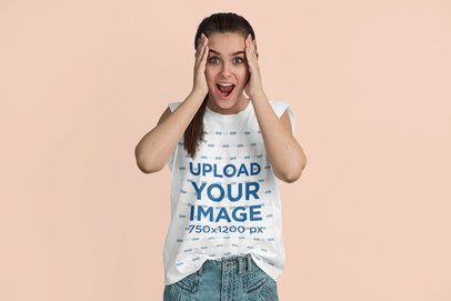 Sleeveless Shirt Mockup of a Surprised Woman at Studio