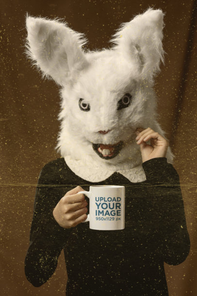 11 oz Coffee Mug Mockup Featuring a Kid with a Creepy Bunny Mask