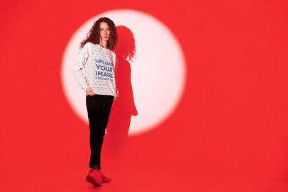 Crewneck Sweatshirt Mockup of a Serious Man Posing in a Red Lighting