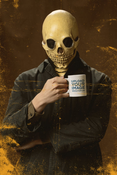 11 oz Coffee Mug Mockup Featuring a Man Wearing a Skull Mask for Halloween