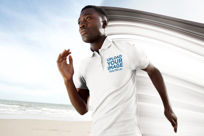Polo Shirt Mockup of a Man Running by the Beach m6012 r-el2