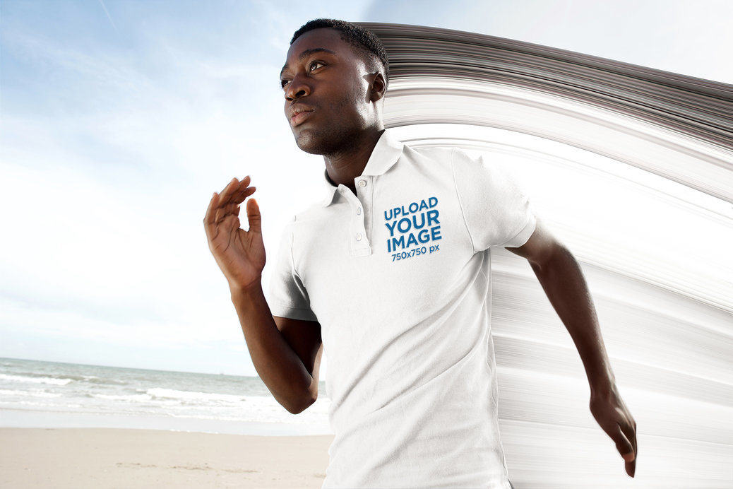 Polo Shirt Mockup of a Man Running by the Beach