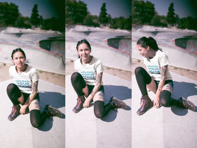 Tattooed Girl Wearing Tshirt Mockup at the Skatepark a19017