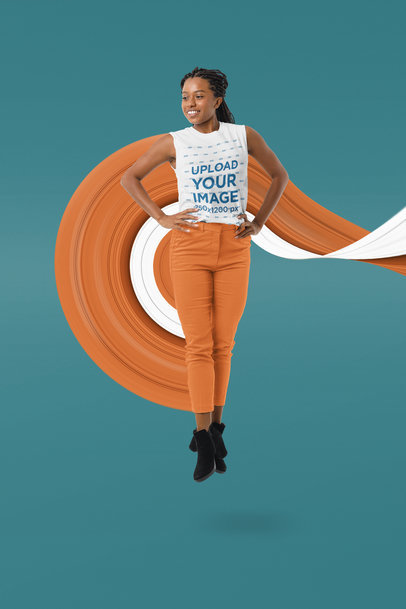 Sleeveless T-Shirt Mockup of a Woman with Her Hands on Her Hips Jumping in a Studio
