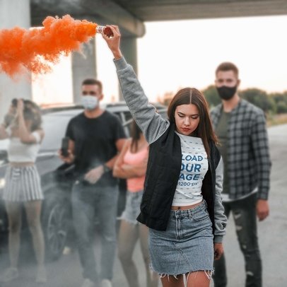 Round-Neck T-Shirt Mockup Featuring a Woman Using Smoke in a Protest m25698 r-el2