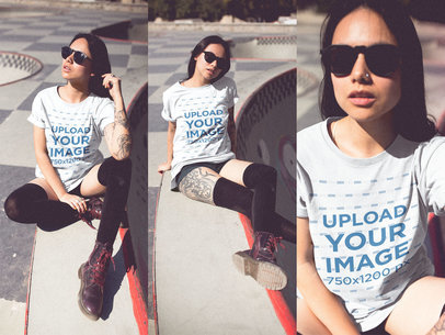 Triple T-Shirt Mockup of a Tattooed Woman at a Skatepark a19023