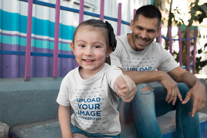 Dad and Girl Mockup Wearing T-Shirts Having Fun at the Park