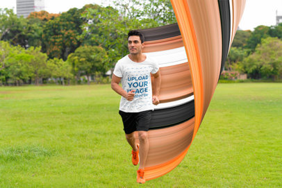 Crewneck T-Shirt Mockup Featuring a Man Running at a Park m29877 r-el2