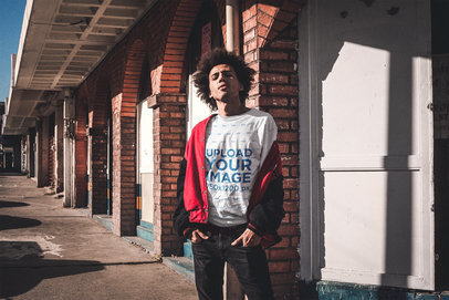 Dude with Afro Wearing a T-Shirt Mockup at the Corner 