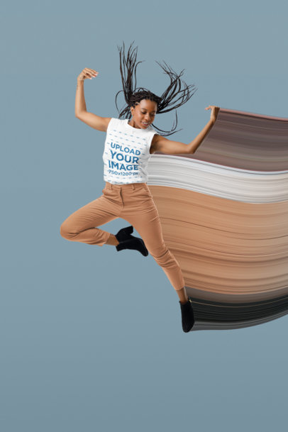 Sleeveless T-Shirt Mockup of a Woman Jumping in a Studio