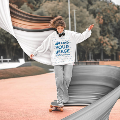 Kinetic-Themed Mockup of a Curly-Haired Woman Wearing a Sweatshirt and Skating m19353 r-el2