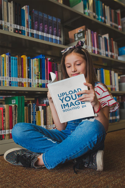 Girl Reading a Book Mockup Sitting on the Library Floor