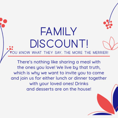 Small Business Instagram Post Template Featuring a Family Discount for a Restaurant