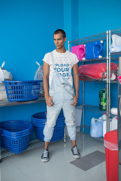 Serious Man Wearing a Round Neck Tee Mockup at a Laundry
