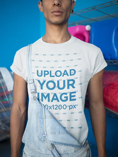 Skinny Man Wearing a T-Shirt Mockup and a Denim Overall a19696