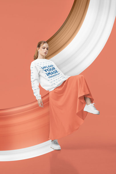 Mockup of a Woman in a Rounded-Neck Sweatshirt and a Long Skirt