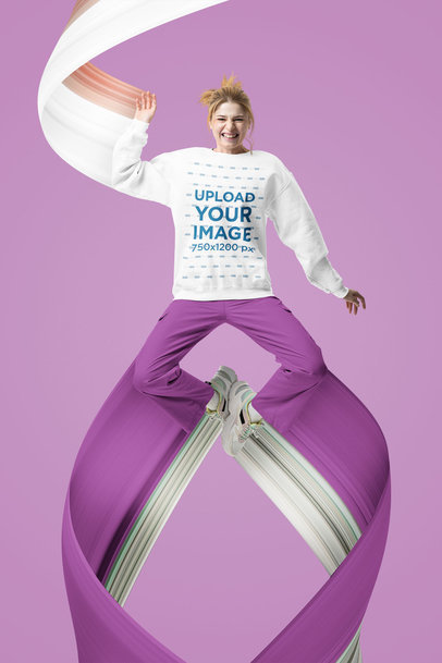 Mockup of a Happy Woman with a Sweatshirt Jumping at a Studio