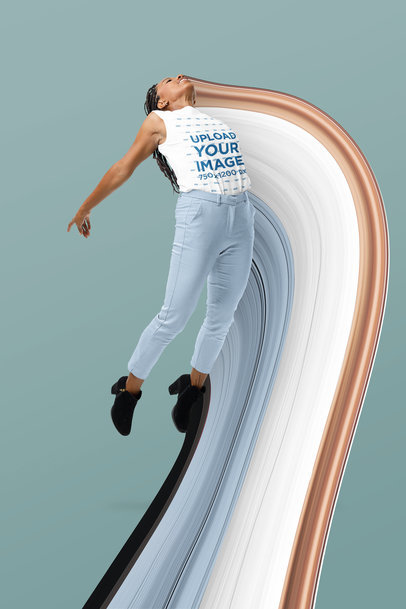 Sleeveless Tee Mockup Featuring a Woman Levitating in a Studio