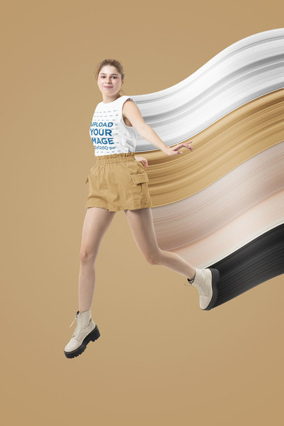 Sleeveless Tee Mockup of a Woman Jumping in a Studio