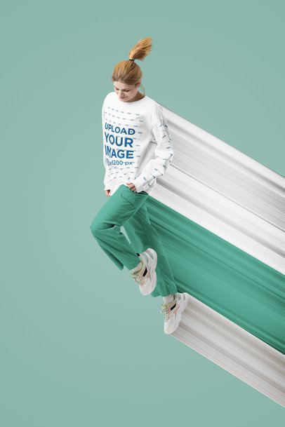 Mockup of a Woman Wearing a Round-Neck Sweatshirt with a Customizable Sleeve