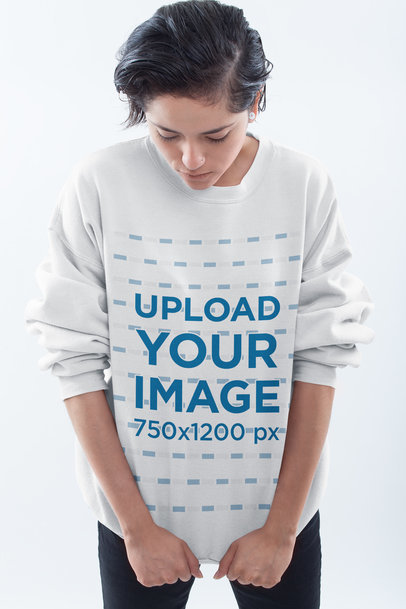 Short-Haired Woman Pulling Down her Sweatshirt Mockup