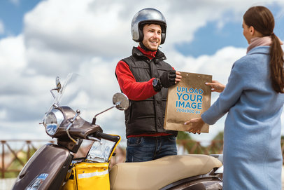 Mockup of a Happy Man Delivering a Paper Bag to a Woman