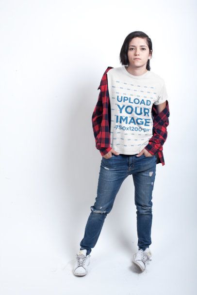Punk Woman with an Attitude Wearing a T-Shirt Mockup in a White Room