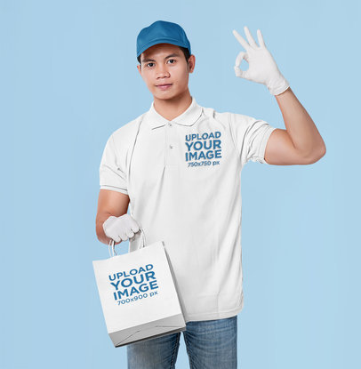 Embroidered Polo Shirt Mockup of a Worker Holding Paper Bags
