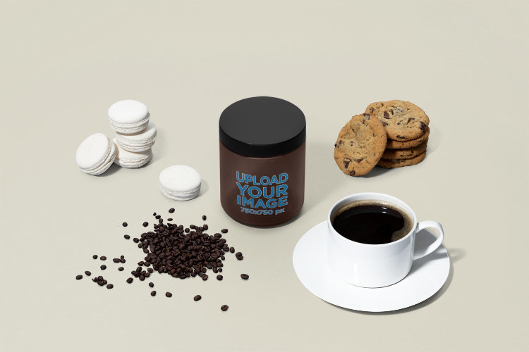 Mockup of an Amber Jar Surrounded by Exchangeable Dessert Graphics
