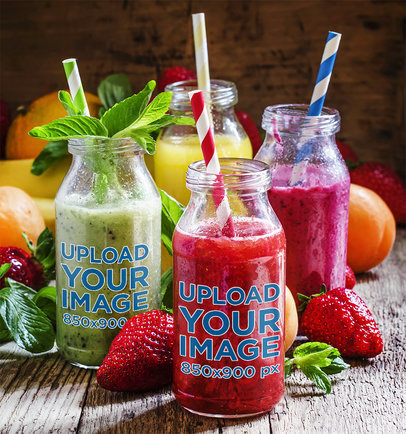 Mason Jar Mockup Featuring Fruit Drinks Surrounded by Strawberries