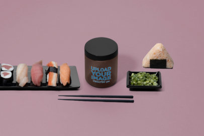 Mockup of an Amber Jack Placed by Customizable Japanese Food Items
