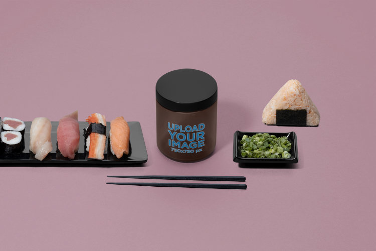 Mockup of an Amber Jack Placed by Customizable Japanese Food Items