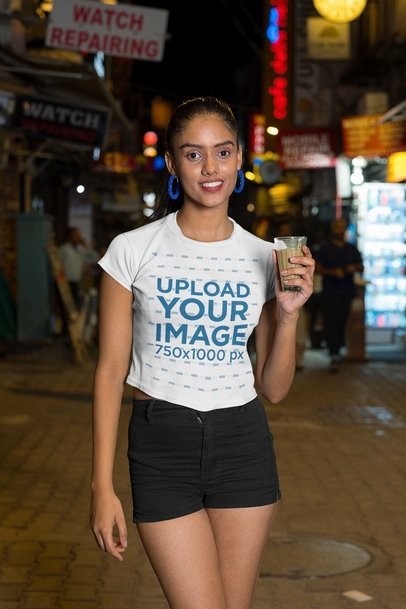 Gildan Round-Neck Tee Mockup Featuring a Smiling Woman With a Drink