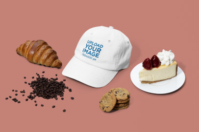 Restaurant Merch Mockup Featuring a Dad Hat Surrounded by Customizable Desserts m27774A