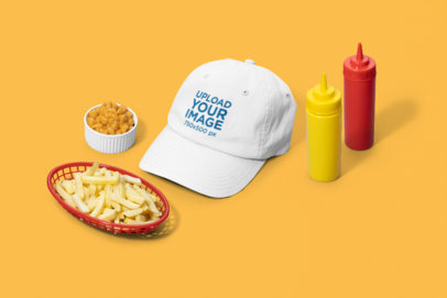 Restaurant Souvenir Mockup of a Hat Surrounded by Fast Food Items m27774B