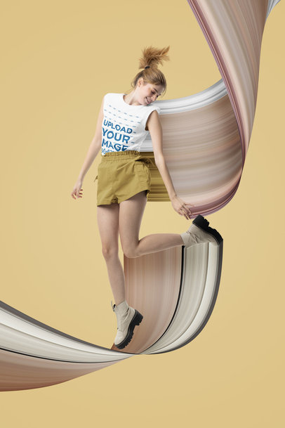 Sleeveless T-Shirt Mockup of a Woman Jumping in a Studio