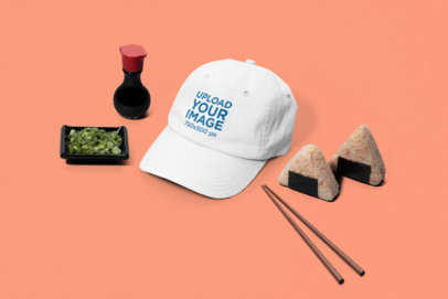 Restaurant Merch Mockup of a Dad Hat Featuring Exchangeable Japanese Food Items m27774C