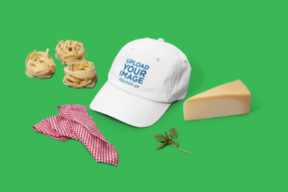 Restaurant Souvenir Mockup Featuring a Hat with Italian Food Ingredients m27774D